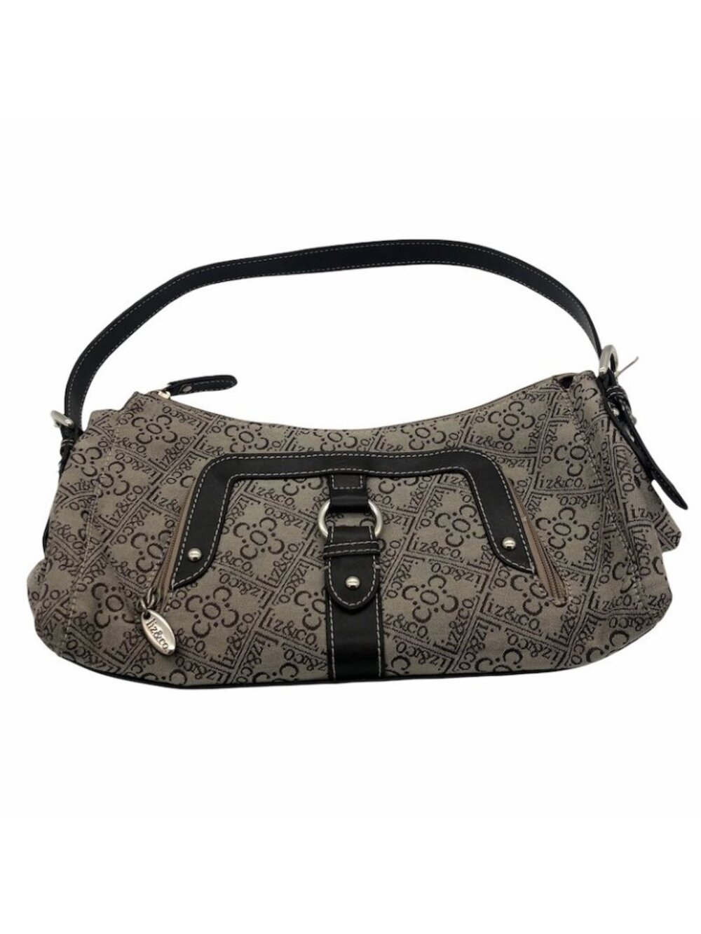 Liz & Co Spell Out Logo Baguette Shoulder Bag Purse Canvas Tan Brown
